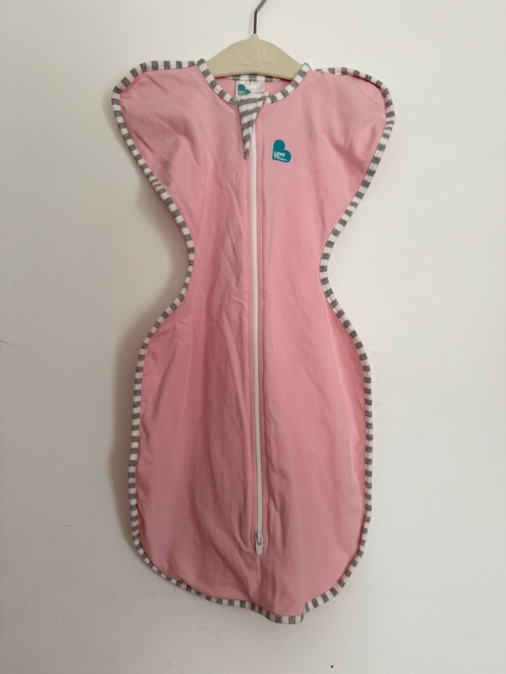 Love to dream Pink Swaddle Sleep Sack with Gray Stripe Trim